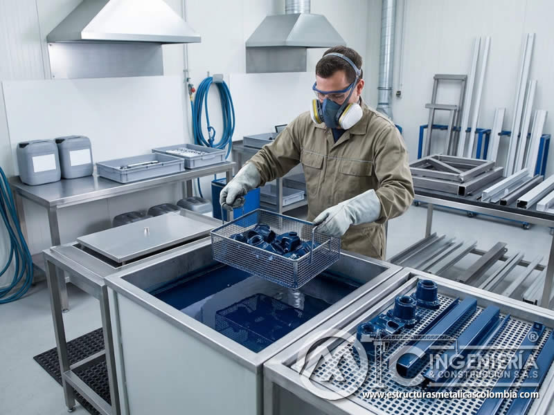 Método de inmersión en pintura industrial para cubrir piezas pequeñas, componentes metálicos y geometrías con acceso complejo en Bogotá, Colombia. Montajes, Ingeniería y Construcción. MIC SAS.