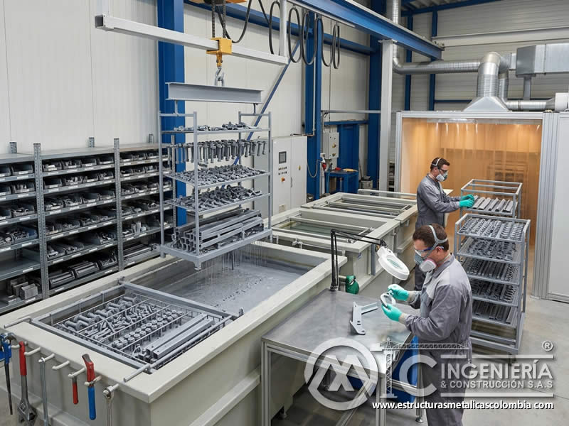 Aplicaciones de inmersión en pintura industrial para piezas metálicas, herrajes, componentes pequeños y producción repetitiva en Bogotá, Colombia. Montajes, Ingeniería y Construcción. MIC SAS.
