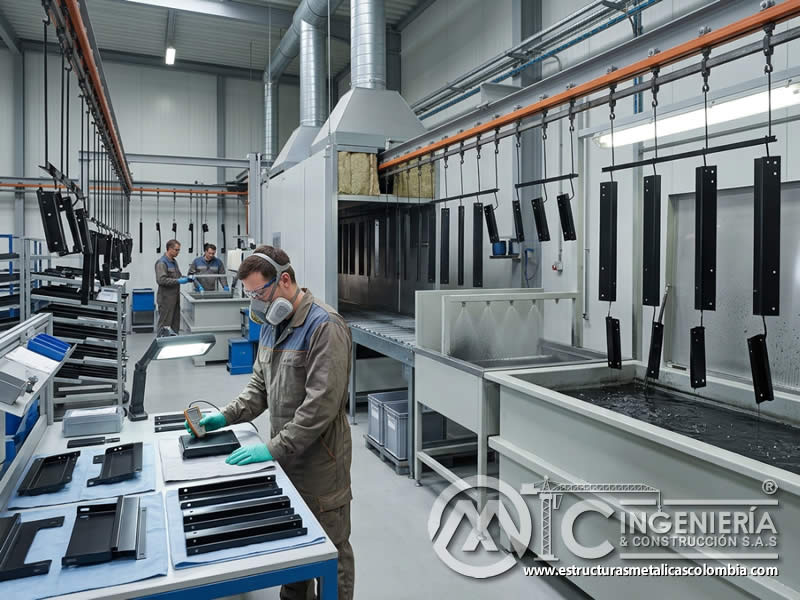 Proceso de electrodeposición industrial con baño, carga eléctrica, deposición uniforme, enjuague, curado y control de calidad en Bogotá, Colombia. Montajes, Ingeniería y Construcción. MIC SAS.