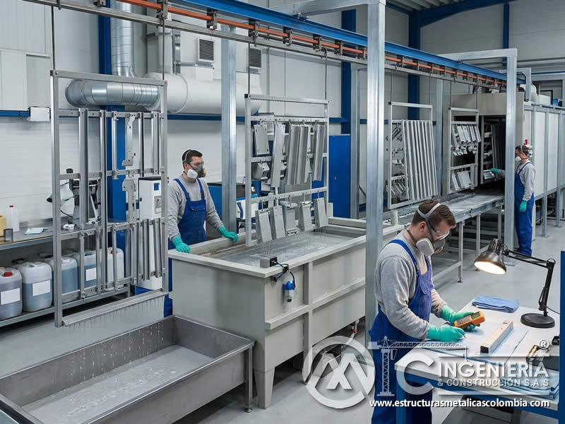 Proceso de inmersión en pintura industrial con preparación, baño controlado, escurrido, curado y verificación de cobertura en Bogotá, Colombia. Montajes, Ingeniería y Construcción. MIC SAS.