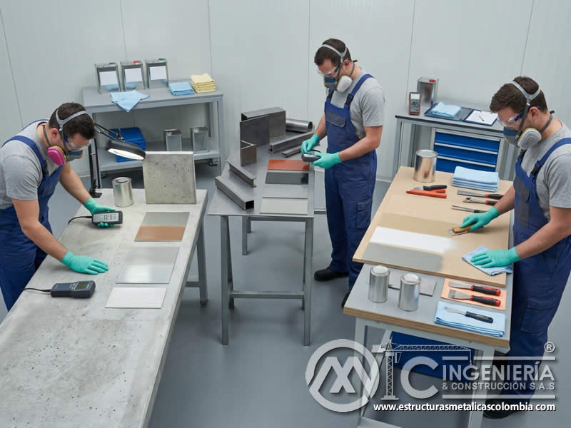 Adherencia de pintura industrial sobre acero, aluminio, hormigón, madera y plásticos con preparación específica para cada sustrato en Bogotá, Colombia. Montajes, Ingeniería y Construcción. MIC SAS.