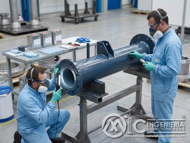 Barrera física de recubrimiento industrial que impide contacto entre metal, agua, oxígeno y contaminantes corrosivos en Bogotá, Colombia. Montajes, Ingeniería y Construcción. MIC SAS.