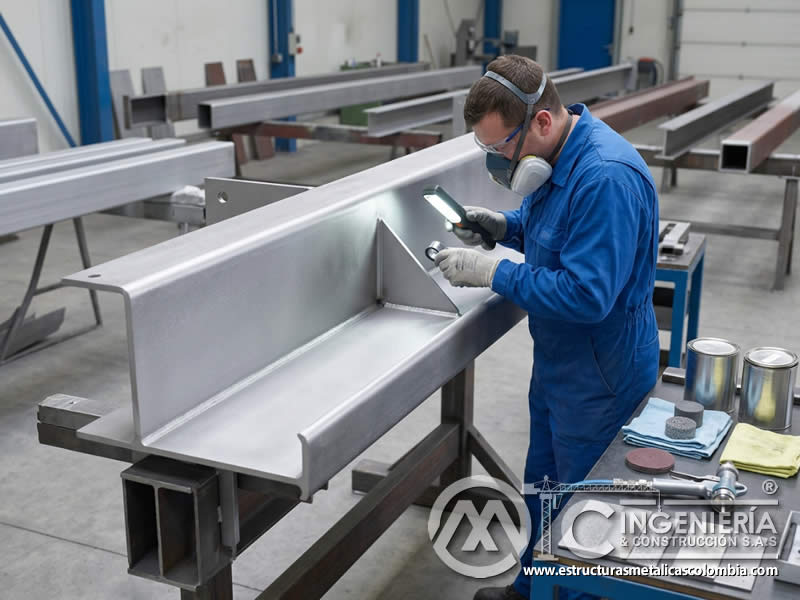Preparación de superficie para barrera anticorrosiva industrial mediante limpieza, perfil de anclaje y eliminación de contaminantes en Bogotá, Colombia. Montajes, Ingeniería y Construcción. MIC SAS.