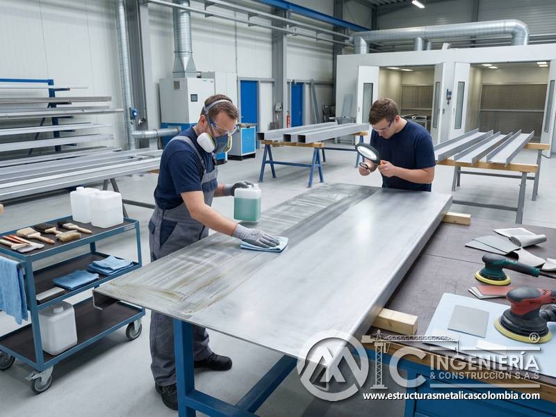 Eliminación de contaminantes antes de aplicar pintura industrial sobre metal en Bogotá, Colombia. Montajes, Ingeniería y Construcción. MIC SAS.