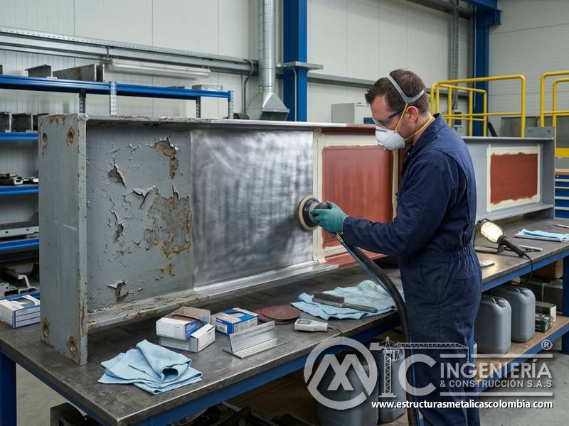 Limpieza exhaustiva de superficie metálica antes de reparar pintura descascarada en Bogotá, Colombia. Montajes, Ingeniería y Construcción. MIC SAS.
