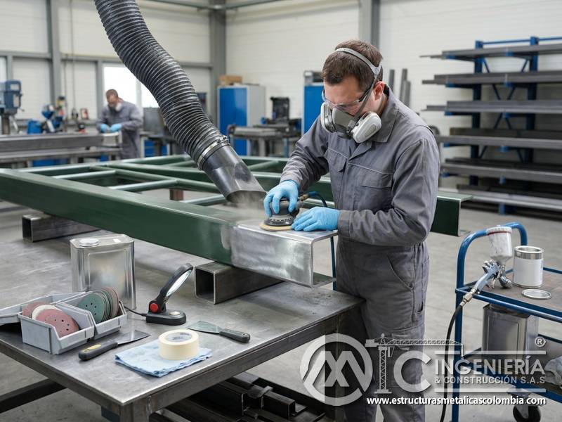 lijado y remoción controlada de pintura industrial levantada en Bogotá, Colombia. Montajes, Ingeniería y Construcción. MIC SAS.