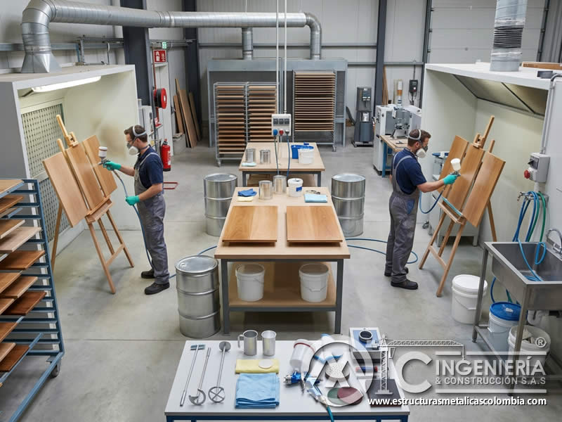 Pinturas base solvente y base agua aplicadas en madera en Bogotá, Colombia. Montajes, Ingeniería y Construcción. MIC SAS.