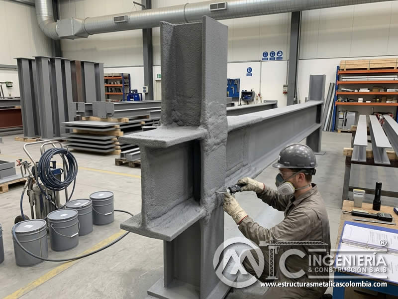 Proceso de expansión de pintura intumescente frente al calor en Bogotá, Colombia. Montajes, Ingeniería y Construcción. MIC SAS.