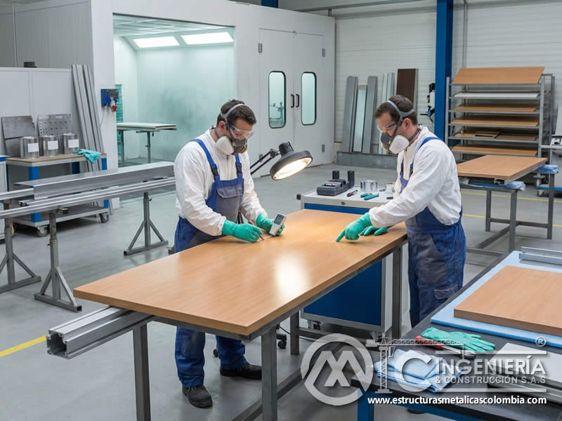 Pintura poliuretánica industrial aplicada en madera y metal en Bogotá, Colombia. Montajes, Ingeniería y Construcción. MIC SAS.