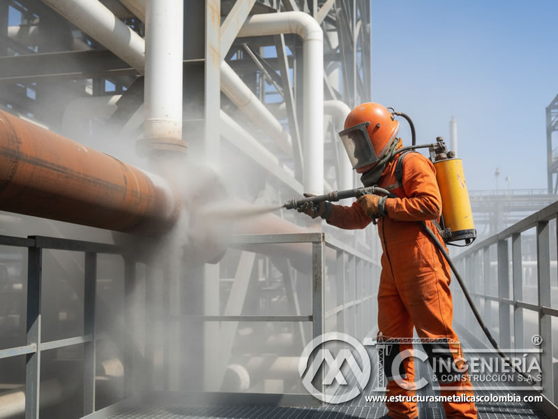 Samblasteo Tuberias Verticales Estructura Soporte Refineria En Bogota Colombia en Bogotá, Colombia. Montajes, Ingeniería y Construcción. MIC SAS.
