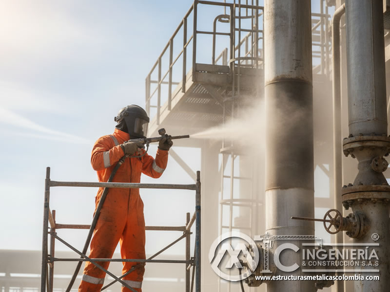 Sandblasting Estructura Soporte Tuberias Plataforma En Bogota Colombia en Bogotá, Colombia. Montajes, Ingeniería y Construcción. MIC SAS.