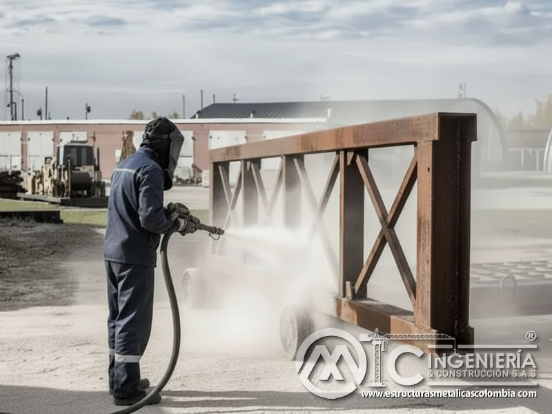 Chorreado abrasivo de estructura metálica reticulada, limpieza industrial en Bogotá, Colombia. Montajes, Ingeniería y Construcción. MIC SAS.
