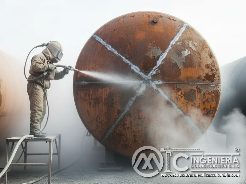 Chorreado abrasivo de tanque metálico esférico industrial en Bogotá, Colombia. Montajes, Ingeniería y Construcción. MIC SAS.