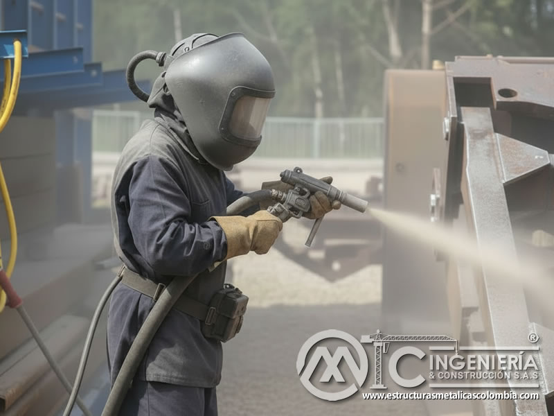 Chorro abrasivo en carcasa metálica industrial, limpieza de óxido en Bogotá, Colombia. Montajes, Ingeniería y Construcción. MIC SAS.