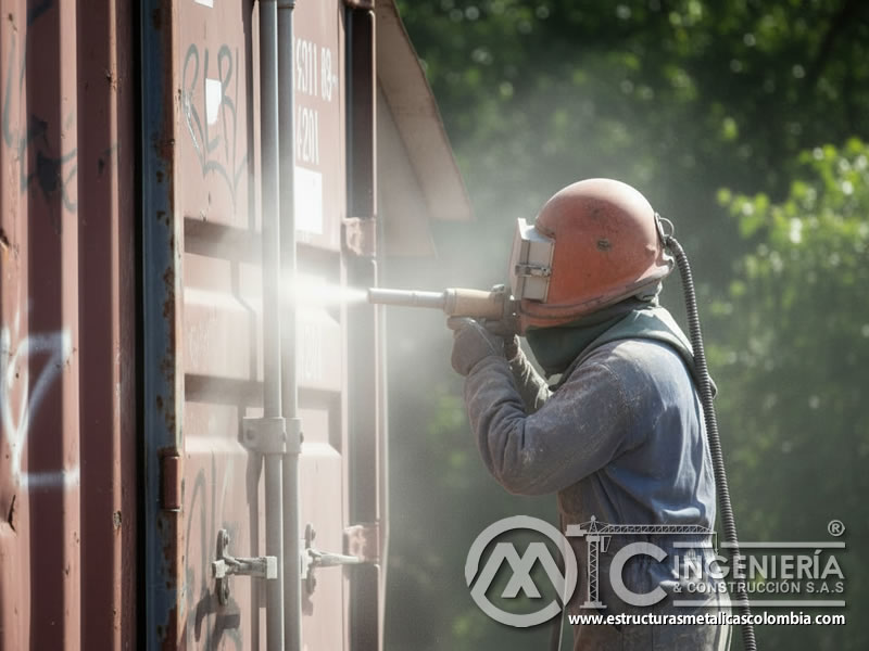 Chorro abrasivo en contenedor metálico, limpieza anticorrosión en Bogotá, Colombia. Montajes, Ingeniería y Construcción. MIC SAS.