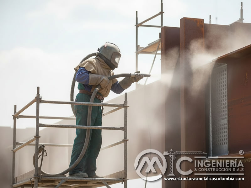 Chorro abrasivo en estructura metálica de edificio con andamio en Bogotá, Colombia. Montajes, Ingeniería y Construcción. MIC SAS.