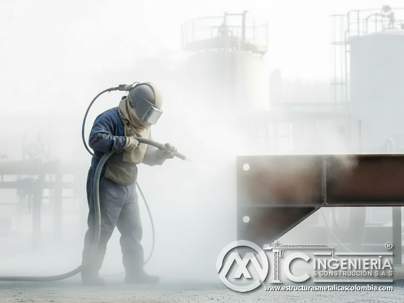 Chorro abrasivo en estructura metálica de planta industrial en Bogotá, Colombia. Montajes, Ingeniería y Construcción. MIC SAS.