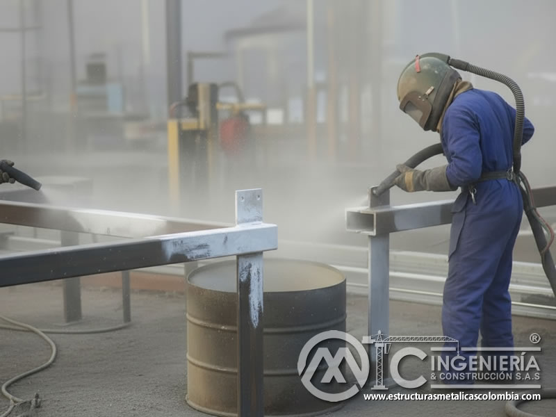 Chorro abrasivo en estructuras metálicas, limpieza industrial en taller en Bogotá, Colombia. Montajes, Ingeniería y Construcción. MIC SAS.