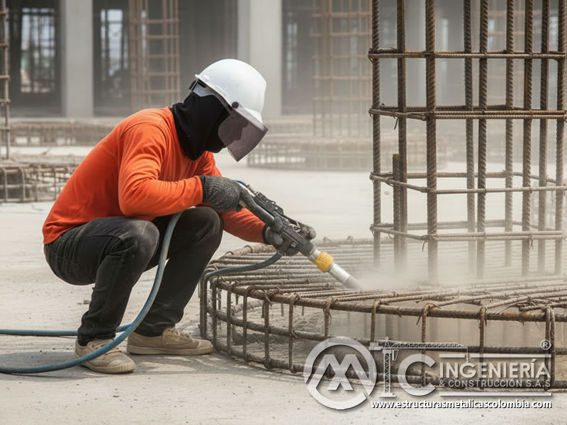 Chorro abrasivo en varillas metálicas de construcción, limpieza industrial en Bogotá, Colombia. Montajes, Ingeniería y Construcción. MIC SAS.
