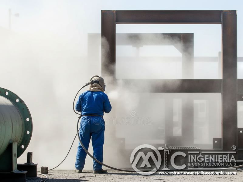 Chorro de arena en pórticos metálicos, preparación de superficie en Bogotá, Colombia. Montajes, Ingeniería y Construcción. MIC SAS.