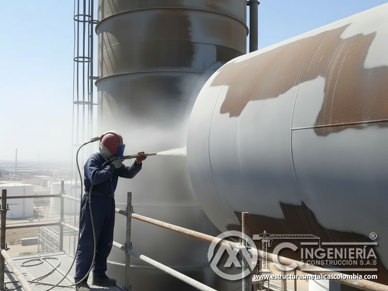 Chorro de arena en tanque metálico industrial, preparación de superficie en Bogotá, Colombia. Montajes, Ingeniería y Construcción. MIC SAS.