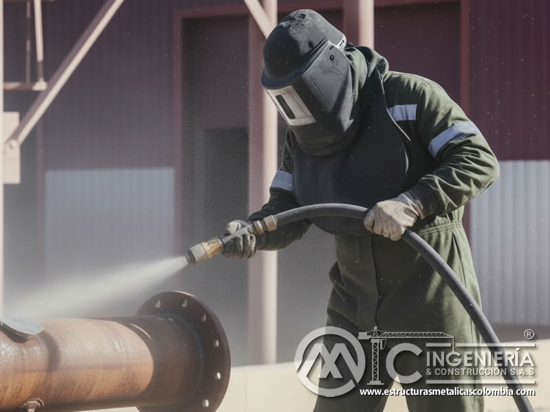 Chorro de arena en tubería metálica con bridas, limpieza industrial en Bogotá, Colombia. Montajes, Ingeniería y Construcción. MIC SAS.