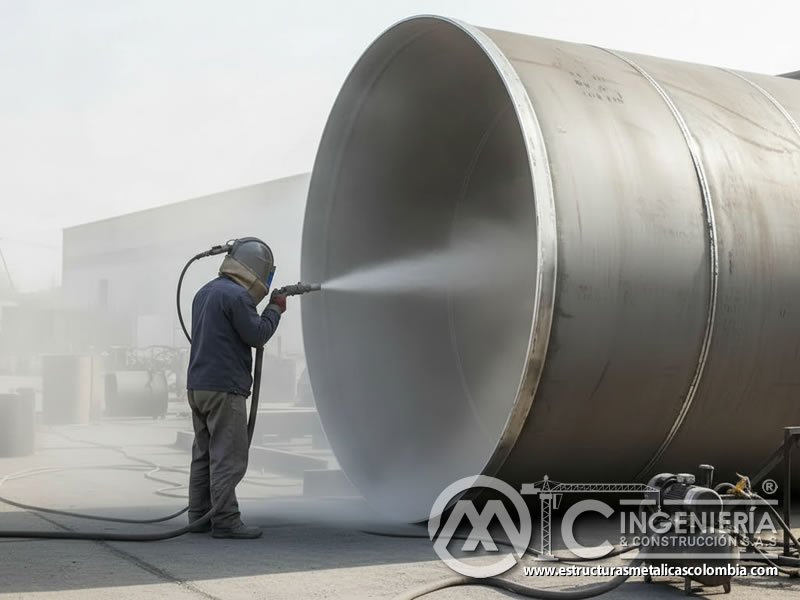 Chorro de arena en tubería metálica industrial, limpieza de óxido en Bogotá, Colombia. Montajes, Ingeniería y Construcción. MIC SAS.