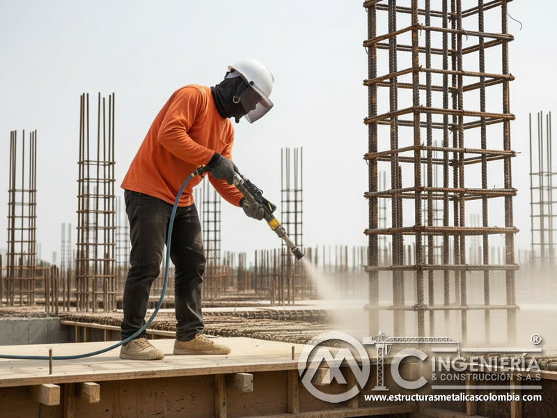 Sandblasting de acero de refuerzo en columnas metálicas de construcción en Bogotá, Colombia. Montajes, Ingeniería y Construcción. MIC SAS.
