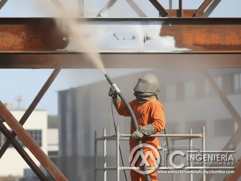 Sandblasting en cercha metálica en altura con chorro abrasivo en Bogotá, Colombia. Montajes, Ingeniería y Construcción. MIC SAS.