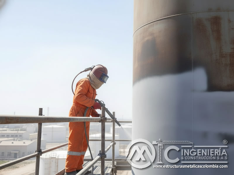 Sandblasting de columna en estructura metálica industrial en Bogotá, Colombia. Montajes, Ingeniería y Construcción. MIC SAS.