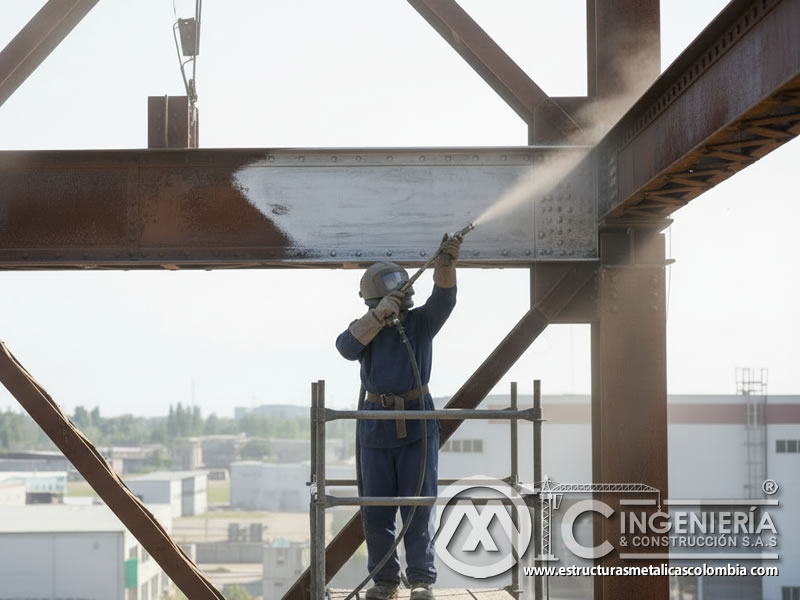 Sandblasting de estructura metálica de cubierta con vigas y andamio en Bogotá, Colombia. Montajes, Ingeniería y Construcción. MIC SAS.