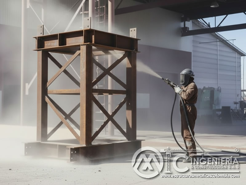Sandblasting de estructura metálica en marco, limpieza anticorrosión en Bogotá, Colombia. Montajes, Ingeniería y Construcción. MIC SAS.