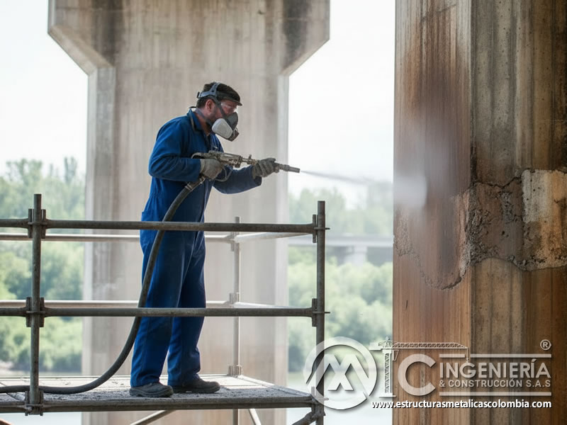 Sandblasting de pilares de puente metálico, limpieza industrial en Bogotá, Colombia. Montajes, Ingeniería y Construcción. MIC SAS.