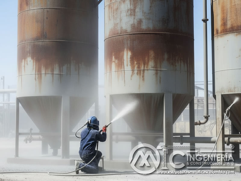Sandblasting de silos metálicos, limpieza industrial de estructuras en Bogotá, Colombia. Montajes, Ingeniería y Construcción. MIC SAS.