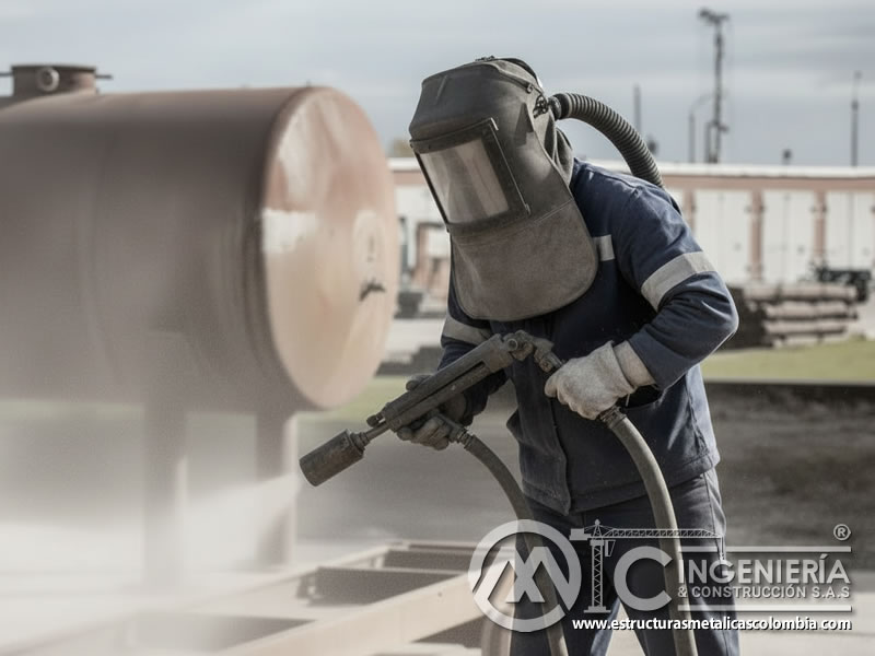 Sandblasting de tanque horizontal metálico, limpieza de óxido en Bogotá, Colombia. Montajes, Ingeniería y Construcción. MIC SAS.
