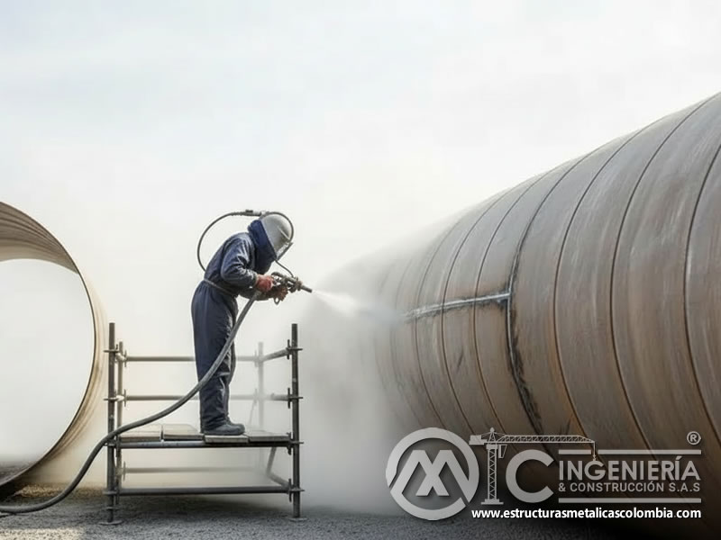 Sandblasting de tubería metálica cilíndrica de gran diámetro en Bogotá, Colombia. Montajes, Ingeniería y Construcción. MIC SAS.