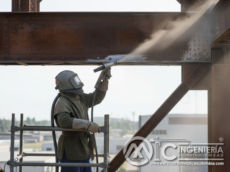 Sandblasting de vigas en estructuras metálicas con andamio en Bogotá, Colombia. Montajes, Ingeniería y Construcción. MIC SAS.