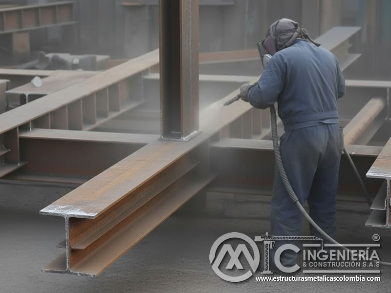 Sandblasting de vigas metálicas, limpieza industrial de estructuras de acero en Bogotá, Colombia. Montajes, Ingeniería y Construcción. MIC SAS.