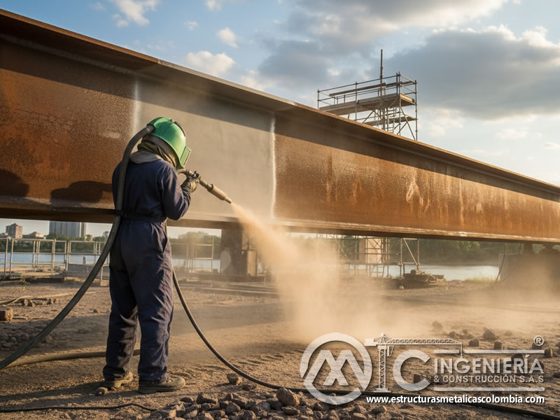 Arenado Vigas Acero Estructural Preparacion Pintura En Bogota Colombia en Bogotá, Colombia. Montajes, Ingeniería y Construcción. MIC SAS.