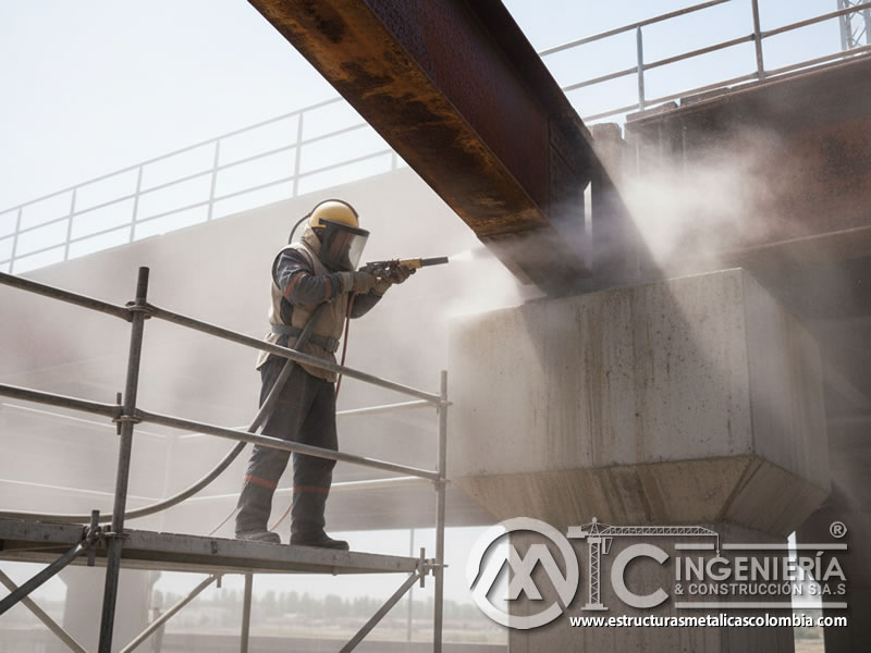 Sandblasting Columna Concreto Puente Andamio En Bogota Colombia en Bogotá, Colombia. Montajes, Ingeniería y Construcción. MIC SAS.