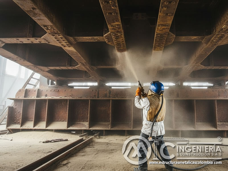 Sandblasting Estructuras Acero Gran Escala Interior En Bogota Colombia en Bogotá, Colombia. Montajes, Ingeniería y Construcción. MIC SAS.
