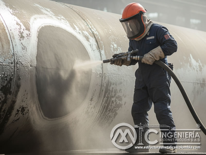 Limpieza Abrasiva Estructura Metal Oxidada Norma Internacional En Bogota Colombia en Bogotá, Colombia. Montajes, Ingeniería y Construcción. MIC SAS.