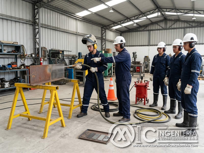 Taller práctico de formación continua en sandblasting en Bogotá, Colombia. Montajes, Ingeniería y Construcción. MIC SAS.