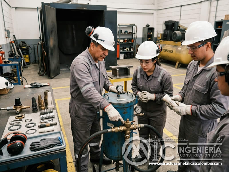 Componentes del equipo de sandblasting en formación en Bogotá, Colombia. Montajes, Ingeniería y Construcción. MIC SAS.
