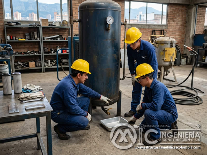 Drenaje del tanque de compresor para sandblasting en Bogotá, Colombia. Montajes, Ingeniería y Construcción. MIC SAS.