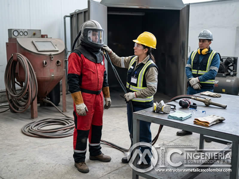 EPP para operación segura de equipos de sandblasting en Bogotá, Colombia. Montajes, Ingeniería y Construcción. MIC SAS.