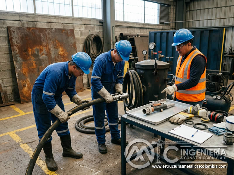 Inspección previa del equipo de sandblasting en Bogotá, Colombia. Montajes, Ingeniería y Construcción. MIC SAS.