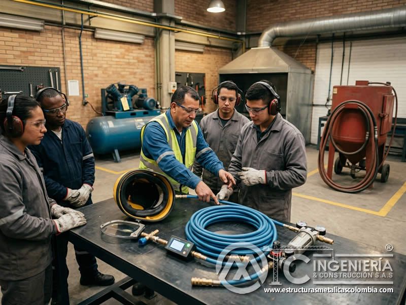 Capacitación en casco con línea de aire para sandblasting en Bogotá, Colombia. Montajes, Ingeniería y Construcción. MIC SAS.