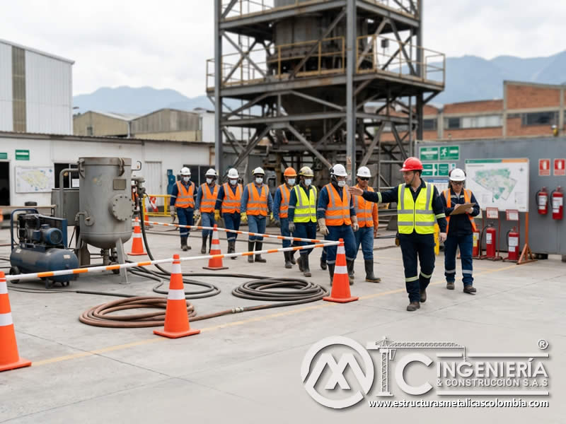 Simulacro de evacuación por emergencia en sandblasting en Bogotá, Colombia. Montajes, Ingeniería y Construcción. MIC SAS.
