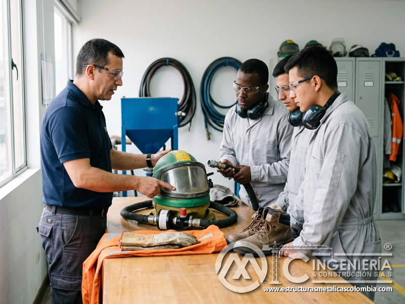 Inspección de EPP y respirador de sandblasting en Bogotá, Colombia. Montajes, Ingeniería y Construcción. MIC SAS.
